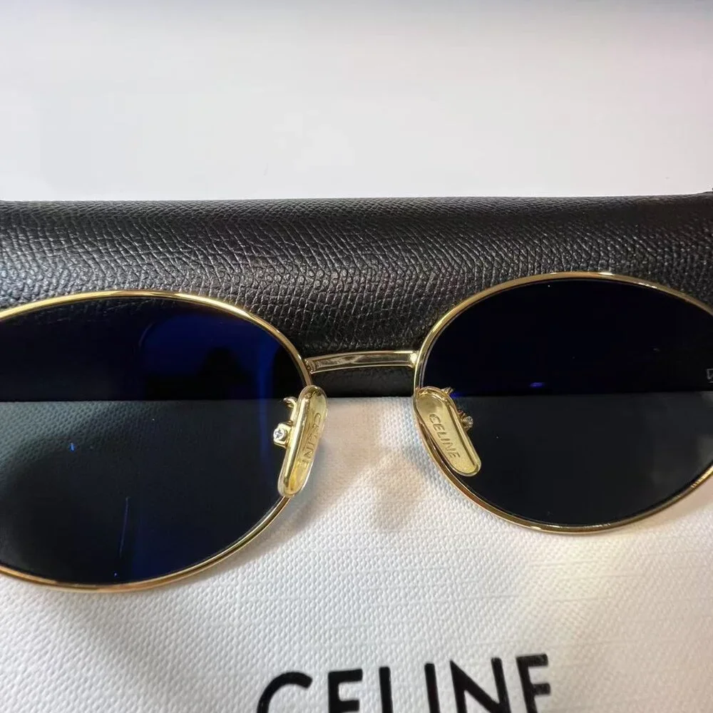 Celine Triomphe Metal CL40235U 30N Oval Sunglasses in Gold with Green Lenses - Picture 2 of 8